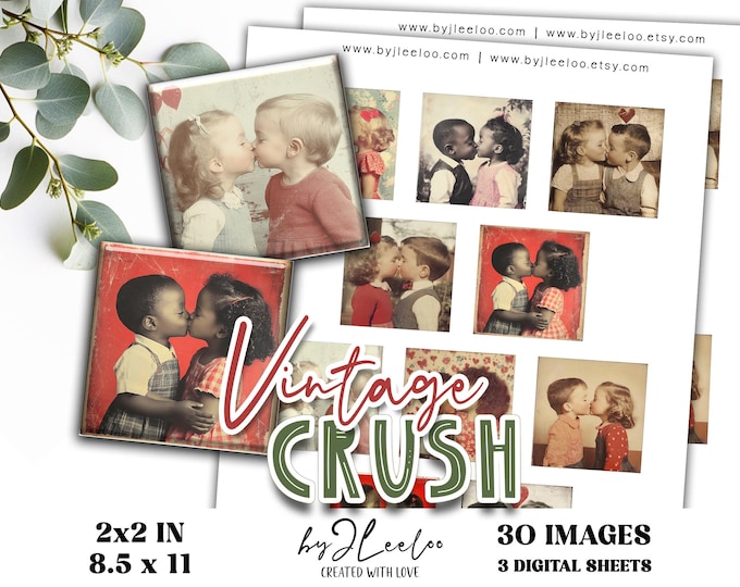 VINTAGE CRUSH 2x2 inch printable | Valentine Junk Journal Scrapbooking | Square Pendant Cabochon Trays Glass Bezels | Retro Ephemera | qu621
