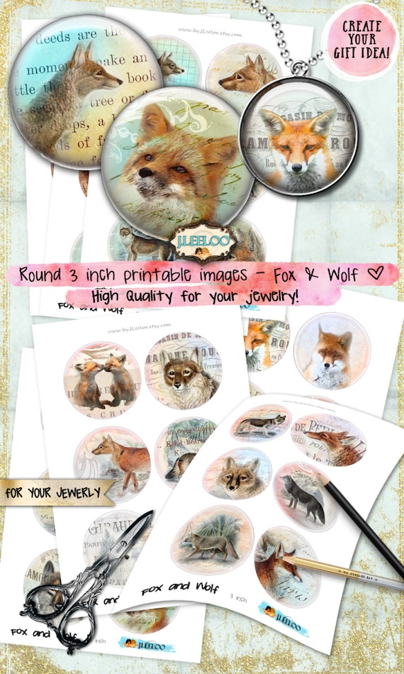 Digital printable FOX AND WOLF 3 inch circle sheets digital images paper goods vintage magnets pendant craft instant download tn528