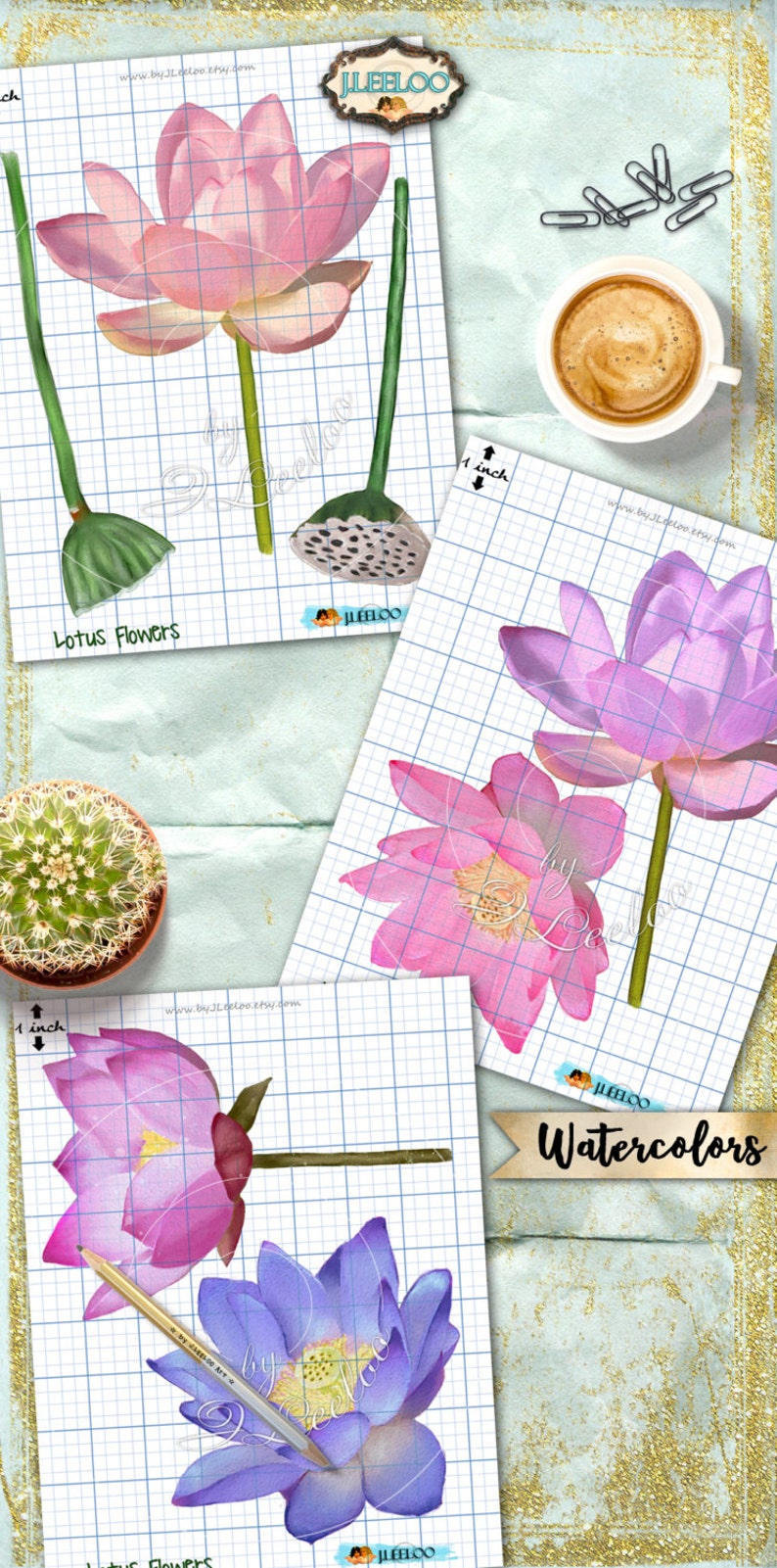 May include: Four watercolor illustrations of pink and purple lotus flowers on a gridded background. The flowers are drawn in a realistic style with delicate details. The illustrations are labeled "Lotus Flowers" and "Watercolors".