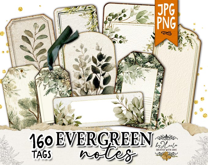 EVERGREEN NOTES Vintage Botanical Labels & Tags | Greenery Watercolor Ephemera for Junk Journal, Scrapbooking, Diary Crafts CU | tl362