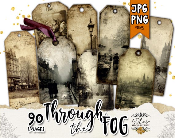 THROUGH the FOG Vintage Tags with Antique City & Countryside Scenes | Junk Journal Ephemera, Scrapbooking Printables Victorian DIY | tl351