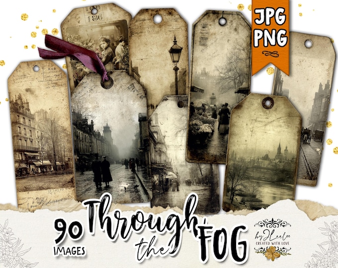 THROUGH the FOG Vintage Tags with Antique City & Countryside Scenes | Junk Journal Ephemera, Scrapbooking Printables Victorian DIY | tl351