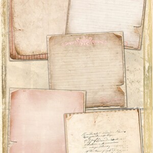 May include: A collection of vintage paper textures with pink and white stripes, lined paper, and handwritten text. The papers have a distressed, aged look and are perfect for scrapbooking, card making, or other crafting projects.