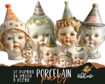 Puede incluir: Un conjunto de 10 papeles imprimibles con 24 cabezas de muñecas de porcelana en 3 tamaños. Las cabezas de las muñecas llevan sombreros de fiesta y tienen una estética vintage. El texto "PORCELAIN party" es visible en la imagen.
