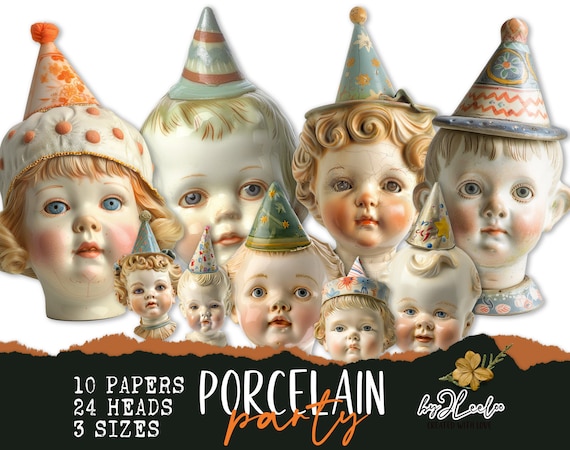 PORCELAIN PARTY fussy-cut ephemera printable doll heats | Paper doll Whimsical supplies mixed media junk journal digital collage | cl166