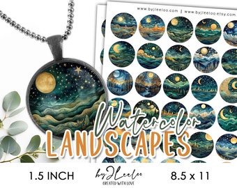 May include: A set of 1.5 inch round stickers featuring watercolor landscapes with gold accents and a moon. The stickers are arranged in a grid pattern on a white background. The text "Watercolor Landscapes" is written in a large, bold font below the stickers. The text "by JLeeloo" is written in a smaller font below the text "Watercolor Landscapes". The text "1.5 INCH" is written in a smaller font on the left side of the image. The text "8.5 x 11" is written in a smaller font on the right side of the image.