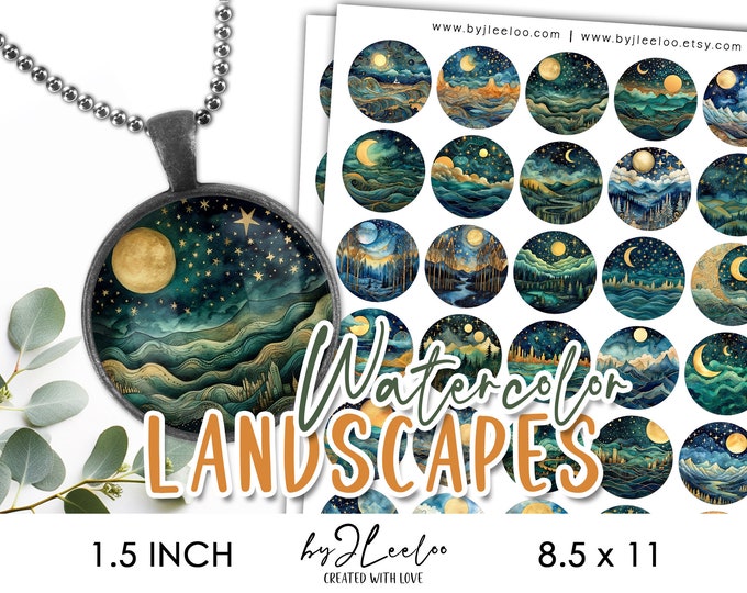 WATERCOLOR LANDSCAPE 1,5 inch circle printable | for bottle cap sticker pendant pin badge magnet mirror | graphic digital collage | tn723