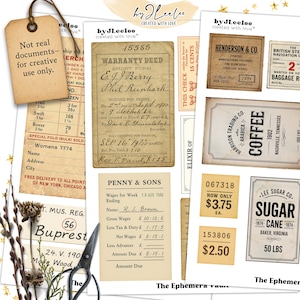 May include: A selection of vintage ephemera, including aged paper documents, receipts, and labels. The items feature faded text, stamps, and handwritten notes, with a neutral color palette. The theme is vintage and nostalgic.
