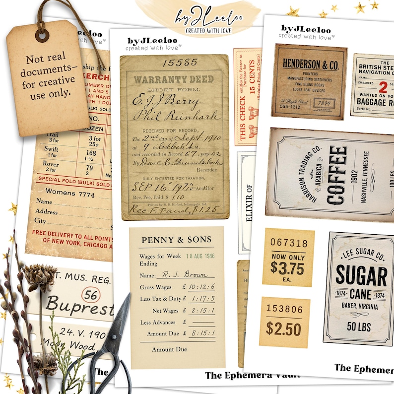May include: A selection of vintage ephemera, including aged paper documents, receipts, and labels. The items feature faded text, stamps, and handwritten notes, with a neutral color palette. The theme is vintage and nostalgic.