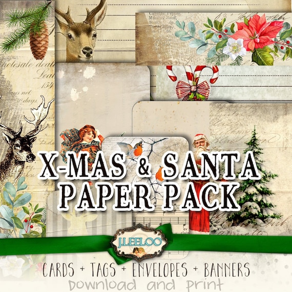 X-MAS SANTA Paper Pack vintage holidays digital collage sheet ephemera cards tags envelopes printable for journal kit diary cp003