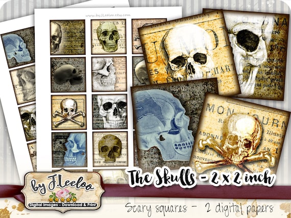 SKULLS 2x2 inch square printable for jewelry halloween hang tags invitations party instant download digital collage sheet- qu461