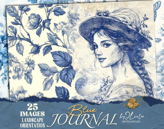 BLUE JOURNAL landscape vintage papers | large ink style Junk Journal page background digital collage | village cottage spring poster | pp830