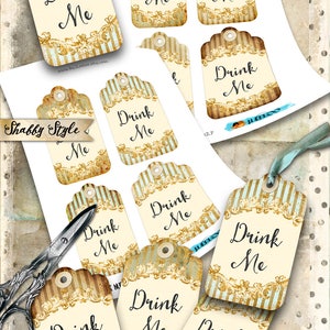 May include: Printable "Drink Me" tags in a shabby chic style with gold and blue accents. The tags are designed for an Alice in Wonderland themed party.