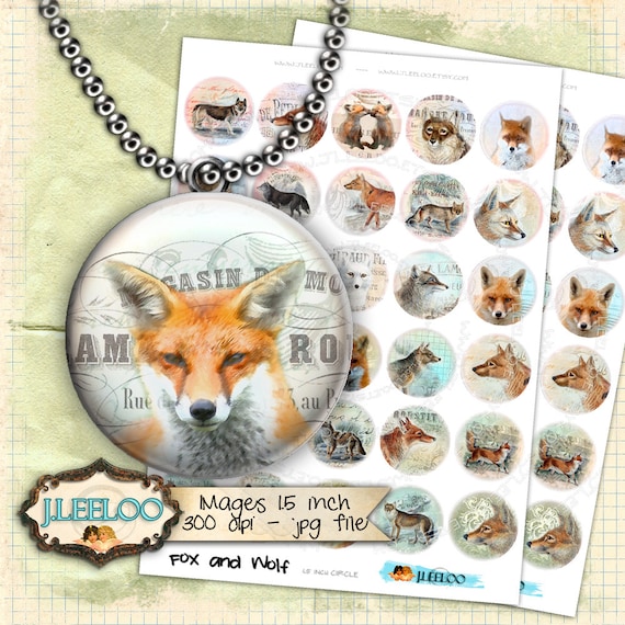 Digital printable FOX AND WOLF 1.5 inch circle sheets digital images paper goods vintage magnets pendant craft instant download tn421