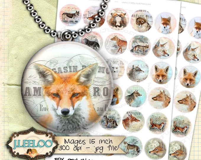 Digital printable FOX AND WOLF 1.5 inch circle sheets digital images paper goods vintage magnets pendant craft instant download tn421