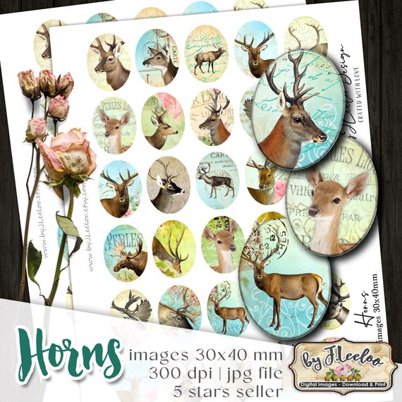 HORNS 30x40 mm oval Romantic Deer for jewellery pendant magnet | cabochon charms scrapbooking Jewelry supplies | instant download | ov143