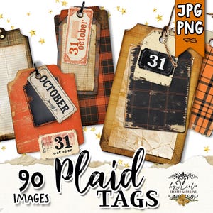 PLAID TAGS fall Halloween season | steampunk supplies, rustic pumpkin spice decor, grungy label ephemera, masculine junk journal | tl300