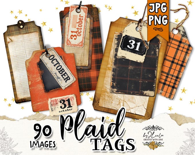 PLAID TAGS fall Halloween season | steampunk supplies, rustic pumpkin spice decor, grungy label ephemera, masculine junk journal | tl300