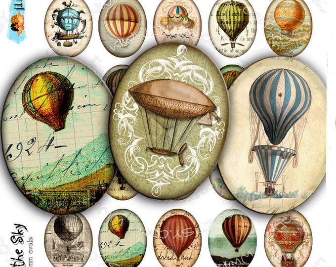 Digital collages FLY in the SKY 30x40mm oval hot air balloon montgolfier for pendant magnet and craft instant download printable ov113