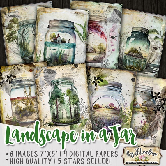LANDSCAPE in a JAR 5x7 inch digital cards | ephemera vintage for junk journal | scrapbook travel diary | Diy home lucky place pp582