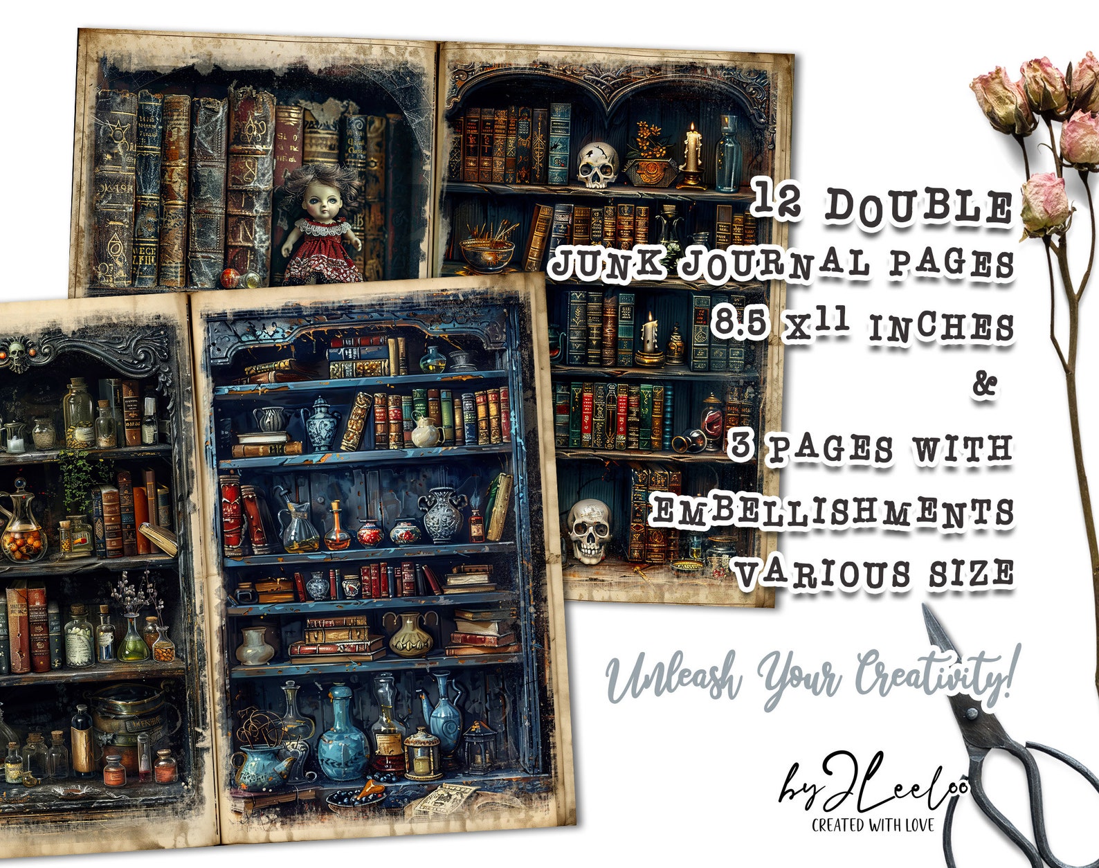 DARK BOOKCASE Junk Journal Printable | Blank Half Pages Tags Mixed ...