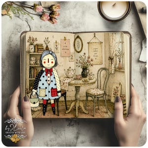 Puede incluir: Ilustraci&oacute;n de una mu&ntilde;eca dentro de un libro abierto, que representa una acogedora escena de sal&oacute;n de t&eacute;. La mu&ntilde;eca lleva un vestido azul con lunares negros y un lazo rojo. El libro se sostiene abierto, con una vela y flores al fondo.
