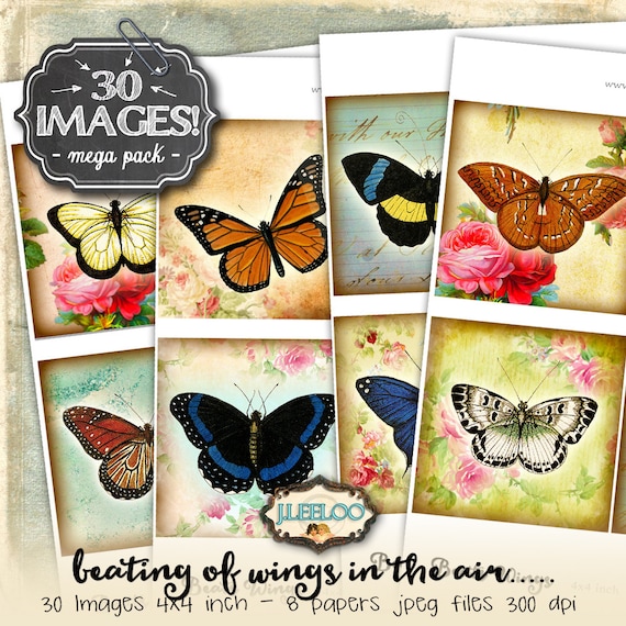 BEATS WINGS 4x4 inch square digital collage sheets butterfly coaster greeting cards card making instant download printable qu482