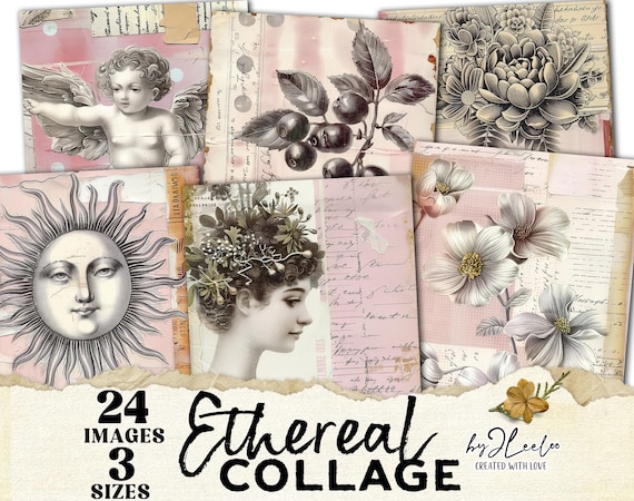 Ethereal Collage - Vintage Botanical & Portrait Junk Journal Pages Shabby Chic Ephemera Printable Scrapbook Paper Digital Download | pp935