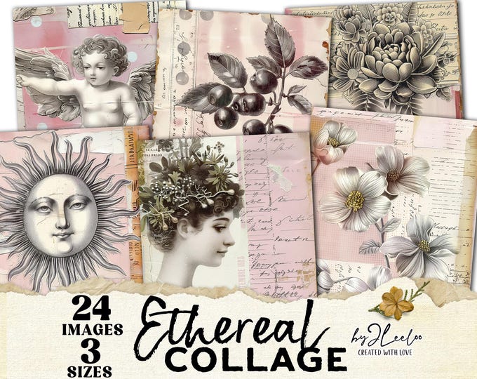 Ethereal Collage - Vintage Botanical & Portrait Junk Journal Pages Shabby Chic Ephemera Printable Scrapbook Paper Digital Download | pp935