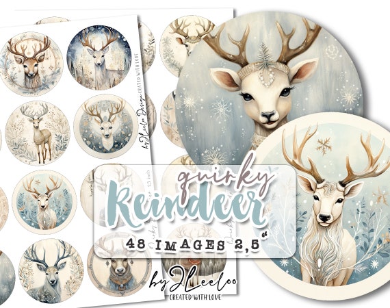 QUIRKY REINDEER 2.5 inch circle | Christmas scandinavian supplies | mirrors cupcake topper scrapbook magnets | Junk journal ephemera | tn670