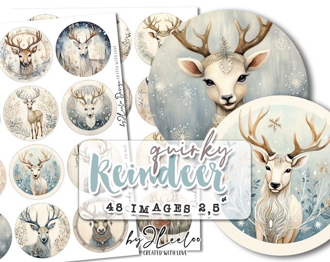 QUIRKY REINDEER 2.5 inch circle | Christmas scandinavian supplies | mirrors cupcake topper scrapbook magnets | Junk journal ephemera | tn670
