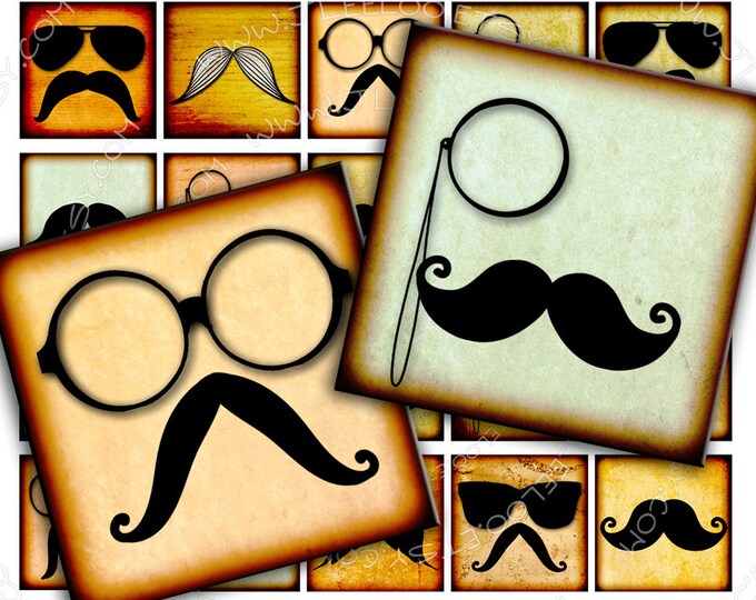Digital collage VINTAGE MUSTACHE 1.5 inch - square images for glass pendants jewelry magnet stickers - instant download printable - tn330