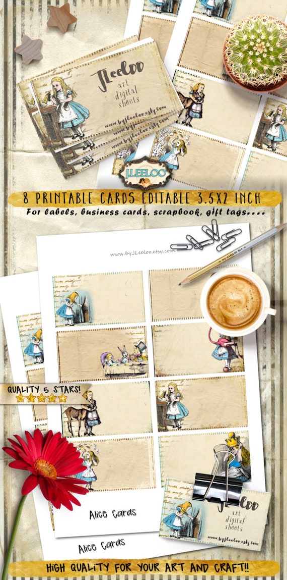 ALICE CARDS vintage editable Digital collage sheet printable download gift tag thank you card business jewelry holder paper craft pp332