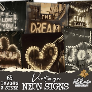 Collezione di INSEGNE AL NEON VINTAGE da 65 foto grandi stampabili / Materiali effimeri, diario di viaggio con tecniche miste / Confezione carina per il fai da te / cp009