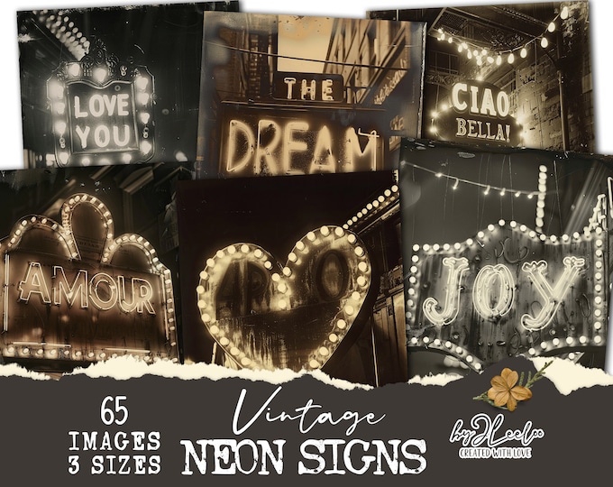 VINTAGE NEON SIGNS Collection 65 large photos printable | Ephemera supplies Mixed media junk journal | Bundle cute for crafting  | cp009