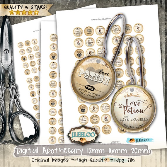 LOVE POTION 20mm 16mm 12mm circle sheets earring ring size apothecary digital images jewelry instant download tn534