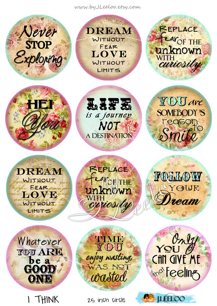 Digital collage I THINK 2.5 inch circle quote romantic roses | Etsy