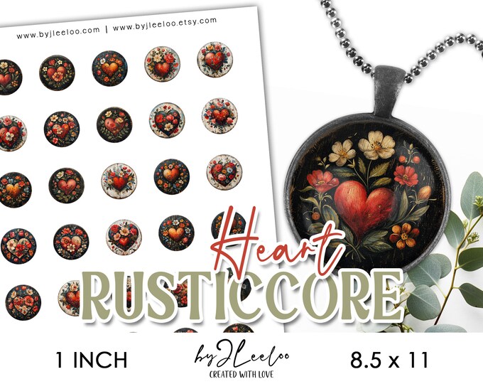 RUSTICCORE HEART 1 inch printable | Gift for lovers Valentine supplies love round pendant glass cabochon cameo sticker Oil painting  | tn752