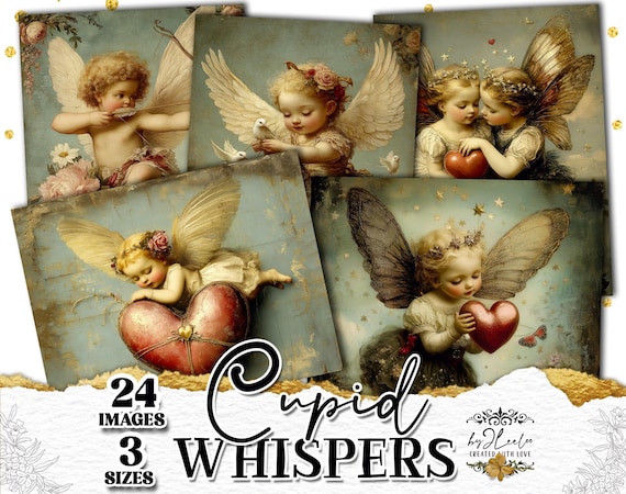 CUPID WHISPERS vintage Valentine fairy pages, romantic cupid illustrations in 3 sizes for junk journals, cards & scrapbooking | ppK15