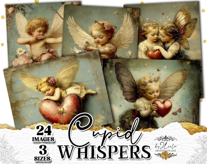CUPID WHISPERS vintage Valentine fairy pages, romantic cupid illustrations in 3 sizes for junk journals, cards & scrapbooking | ppK15