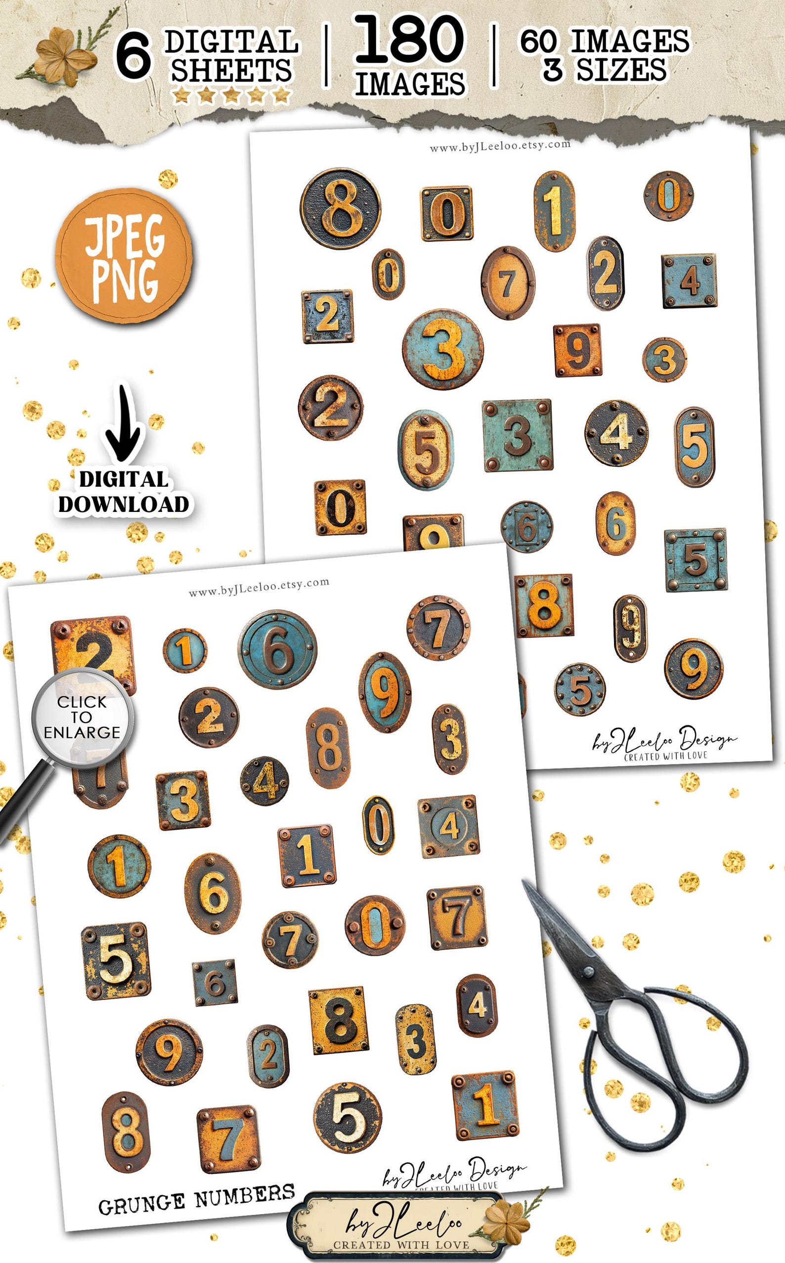 GRUNGE NUMBERS 180 Png | Jpg Png Steampunk Metal Patina | Junk Journal ...