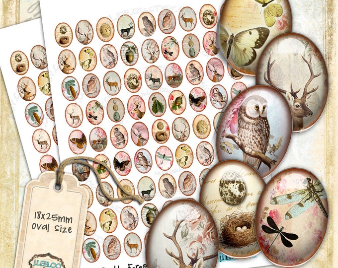 IN THE FOREST 18x25 mm oval dragonfly deer owl eggs nest romantic for magnet jewellery pendant instant download ov131