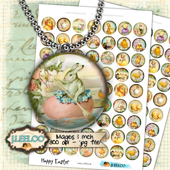 Digital collage HAPPY EASTER 1 inch circle for resin pendant eggs rabbit chick clipart magnet instant download printable tn397
