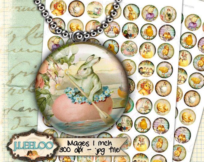 Digital collage HAPPY EASTER 1 inch circle for resin pendant eggs rabbit chick clipart magnet instant download printable tn397
