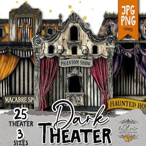 Può includere: Illustrazione digitale di un teatro oscuro con tre sezioni, ognuna con un palco con fondali a strisce e dettagli architettonici ornati. Il palco centrale ha una tenda rossa e la scritta "Phantom Show". L'immagine include il testo "Dark Theater", "25 Theater 3 Sizes" e "Haunted House".