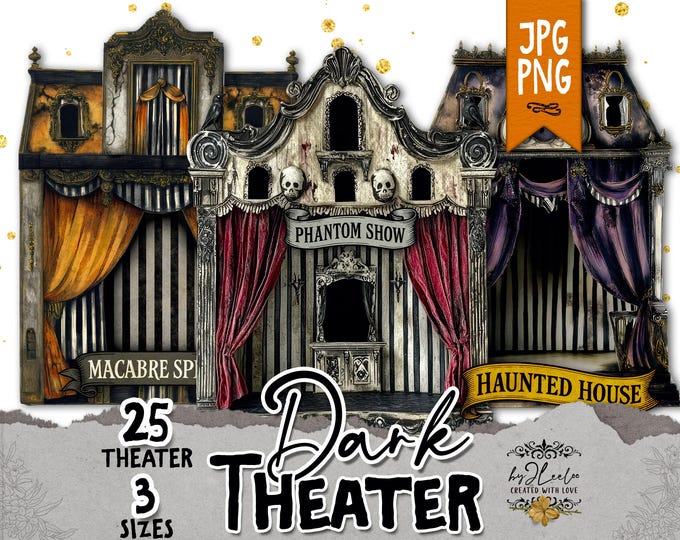 DARK THEATRE – Printable Halloween Theaters & Banners | Miniature Gothic Dollhouse Kit + PNG Files | Spooky Ephemera Junk Journals | pp971