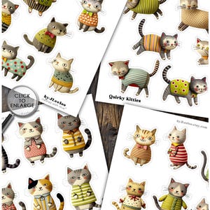 Op de afbeelding: Vellen stickers met eigenzinnige kattenillustraties. De katten zijn gekleed in verschillende outfits, waaronder truien en jurken. De tekst "Quirky Kitties" is zichtbaar op sommige vellen. De stickers staan op wit papier.