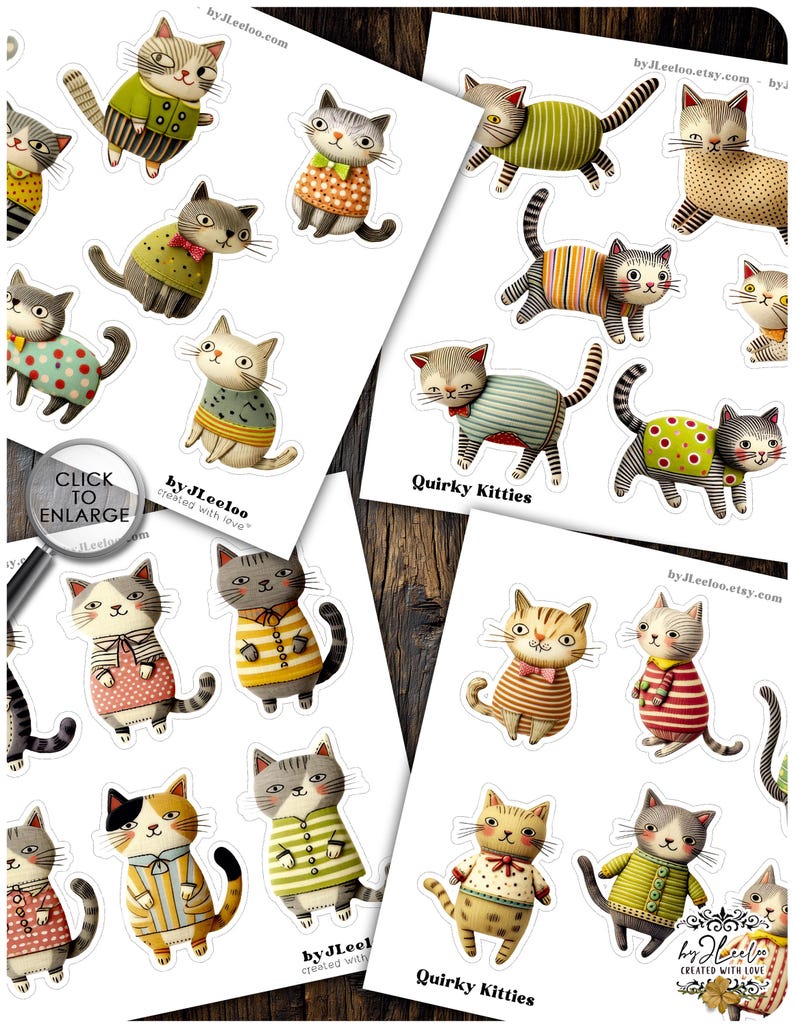 Op de afbeelding: Vellen stickers met eigenzinnige kattenillustraties. De katten zijn gekleed in verschillende outfits, waaronder truien en jurken. De tekst "Quirky Kitties" is zichtbaar op sommige vellen. De stickers staan op wit papier.