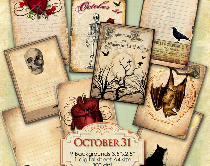 OCTOBER 31 printable aceo size bat skulls halloween apothecary jewelry label Digital collage instant download background ac185