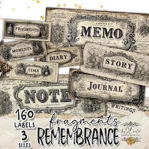 May include: A collection of vintage-style labels and tags with text like "Memo," "Story," and "Journal." The labels are in various shapes and sizes, with a distressed, aged appearance. The image includes the words "Fragments" and "Remembrance."
